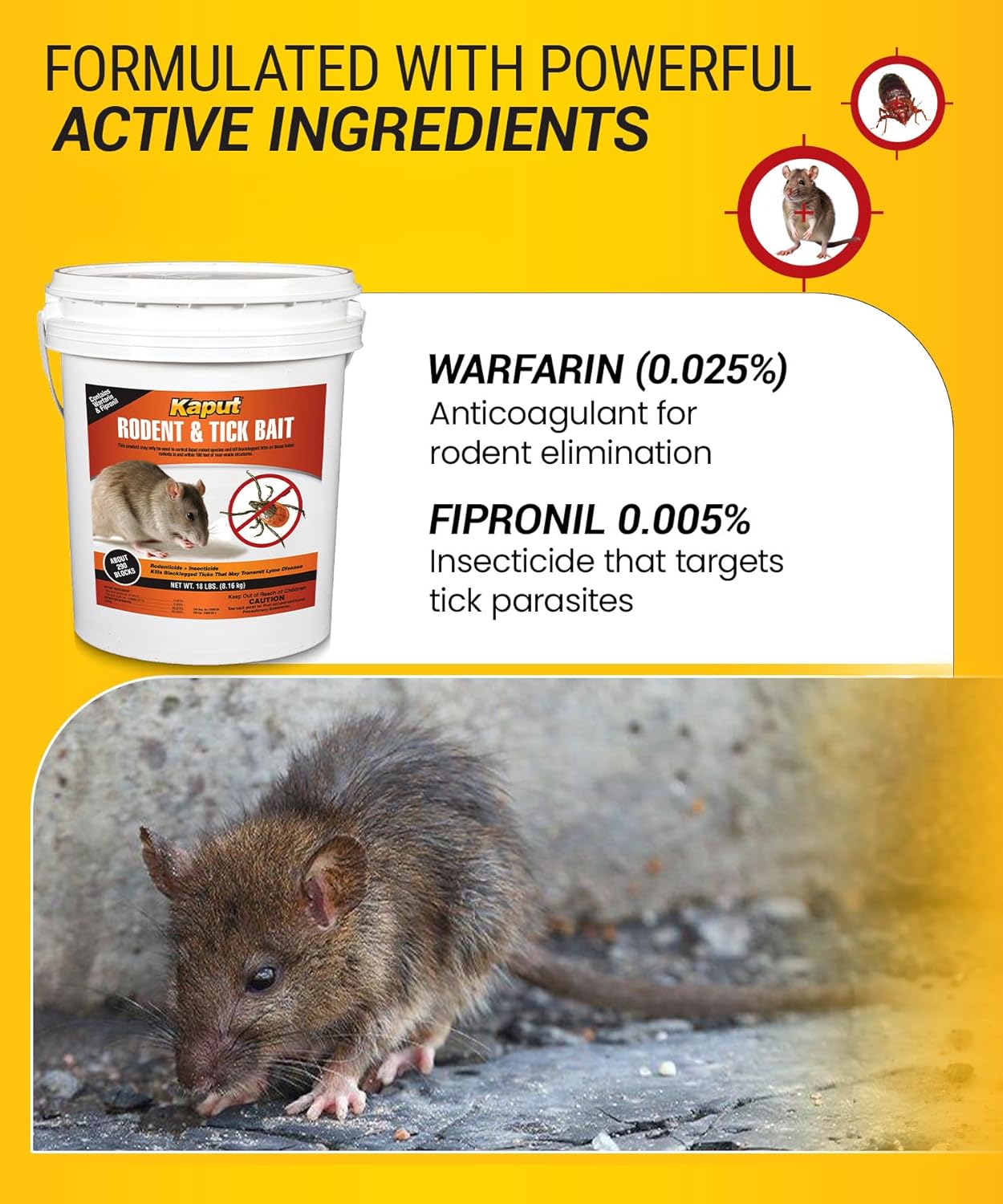 Kaput Rodent & Tick Bait Blocks  Powerful Warfarin & Fipronil Rat Bait Blocks for Rat Control and Their Blacklegged Ticks - Epa Approved Rodent Killer for Long-Lasting Protection (18 lbs)