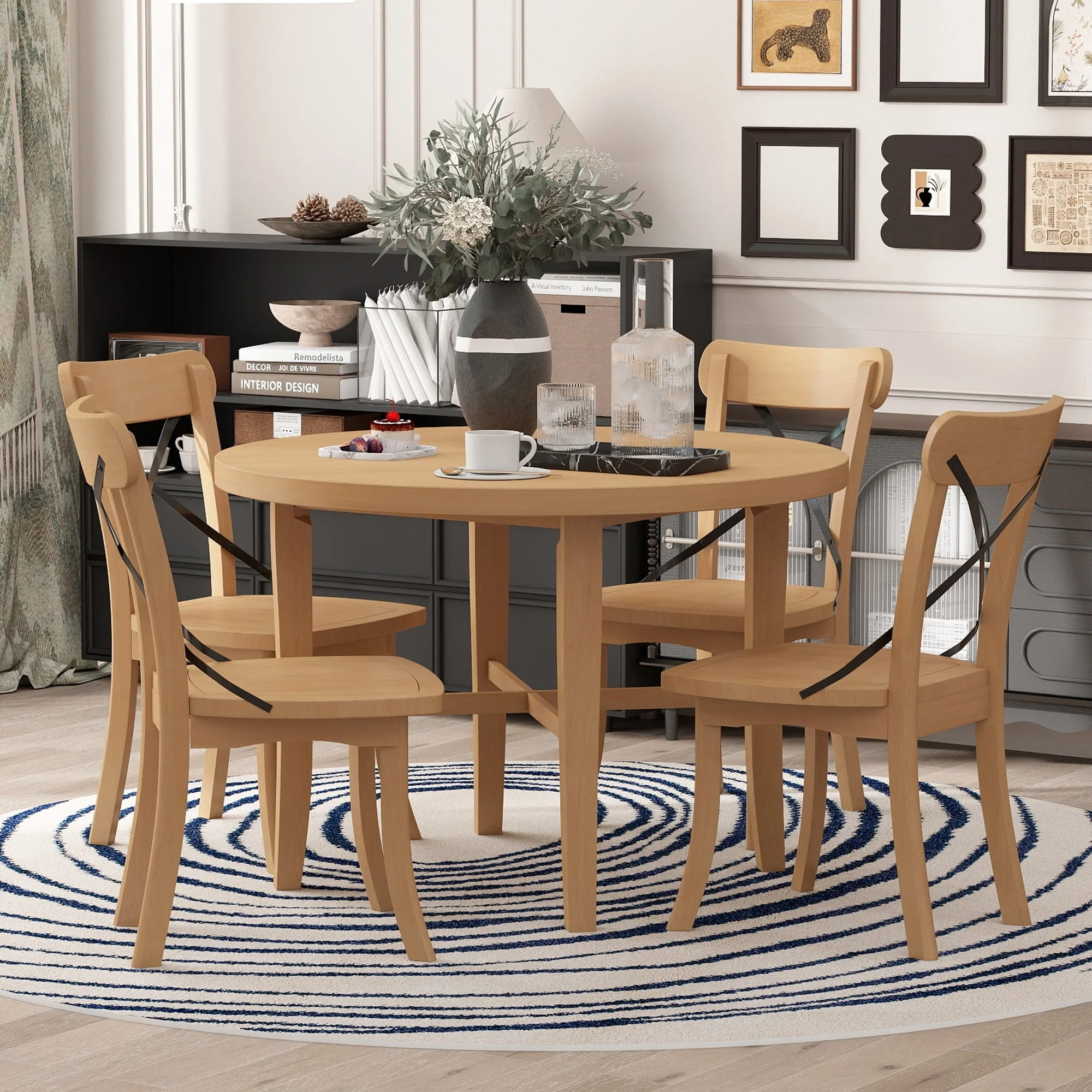 5-piece Dining Set, Retro Simple Round Table and 4 Chairs with X-shaped Backrest