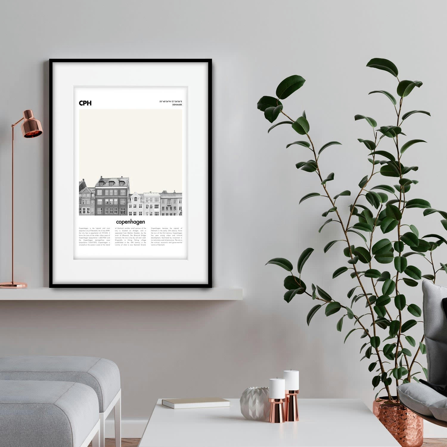 CIUDADES - Affiche avec cadre noir - Description Copenhague - 50x70