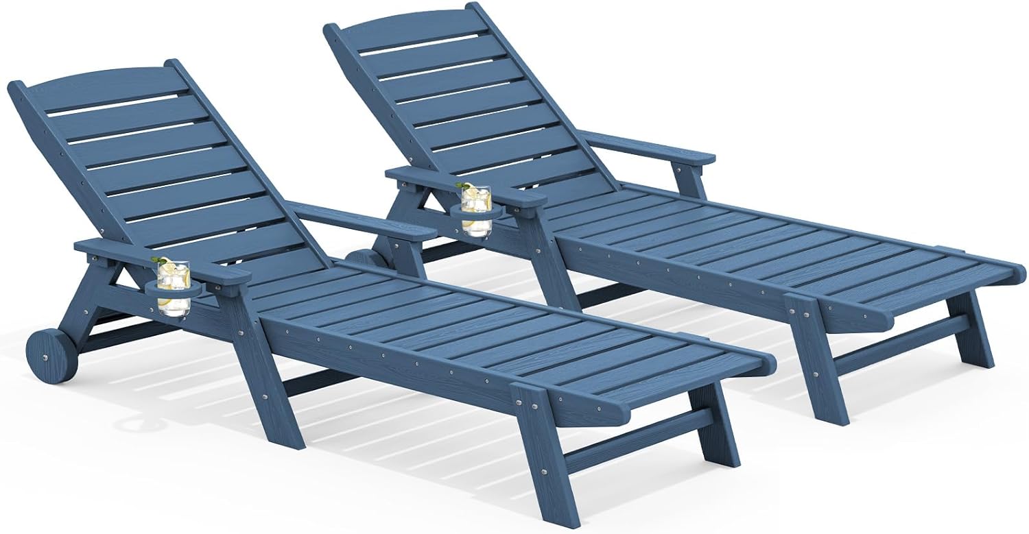 SERWALL Patio Chaise Lounge Chair Set of 2  78'' Long 5-Positions Adjustable HDPE Outdoor Lounger for Pool  Poly Lounge Chair with Rolling Wheels & Cup Holder for Poolside  Deck  Blue