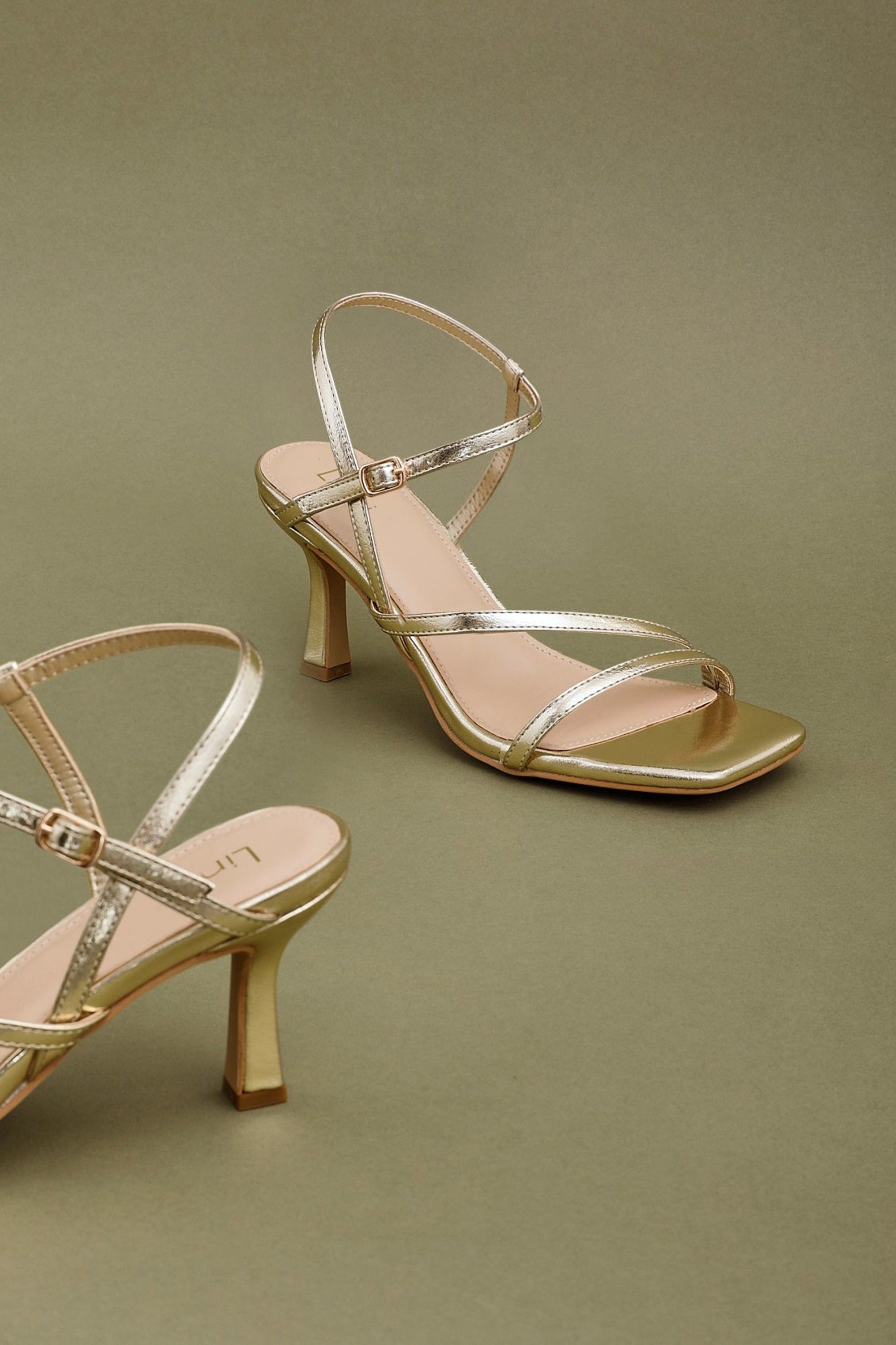 Linzi Nicole Gold Faux Leather Strappy Heels