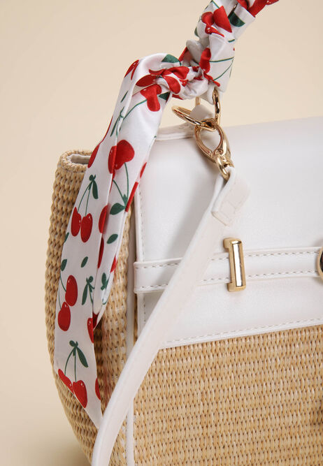 Womens Neutral Straw Cherry Scarf Shoulder Bag