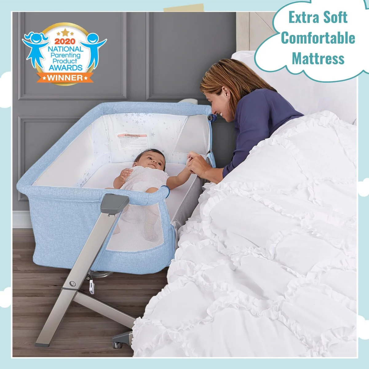 Skylar Bassinet and Beside Sleeper in Blue, Lightweight and Portable Baby Bassinet, Five Position Adjustable Height,Easy to Fold