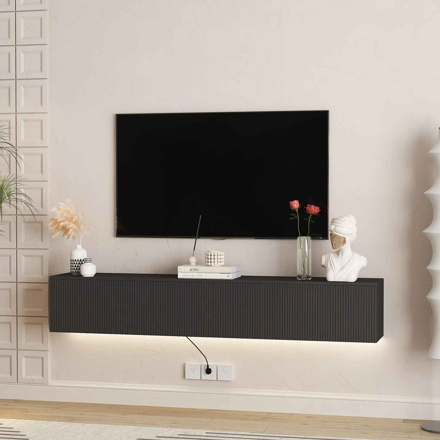 Versatile Wall-Mounted TV Stand with LED Lights and Ample Storage Space for Various Sized TVs
