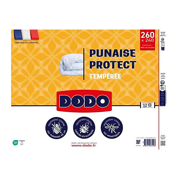 Couette tempérée DODO 240x260 cm - 2 personnes - Protection anti punaise, anti acarien - 300G/m² - Blanc - Fabriqué en France