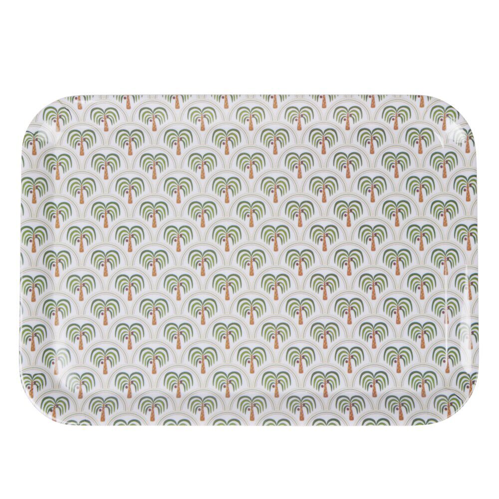 Plateau rectangulaire mélaminé motif Indie palmier vert et gris 30x41,5cm