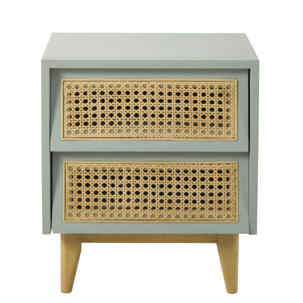 Suzelle - Table de chevet 2 tiroirs bleu gris cannage en rotin