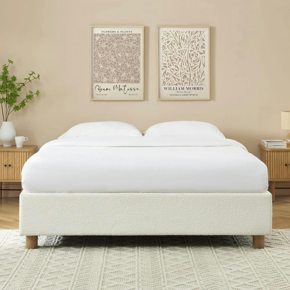 MILLO - Lit coffre  tissu bouclettes écru 160x200 sommier ecru