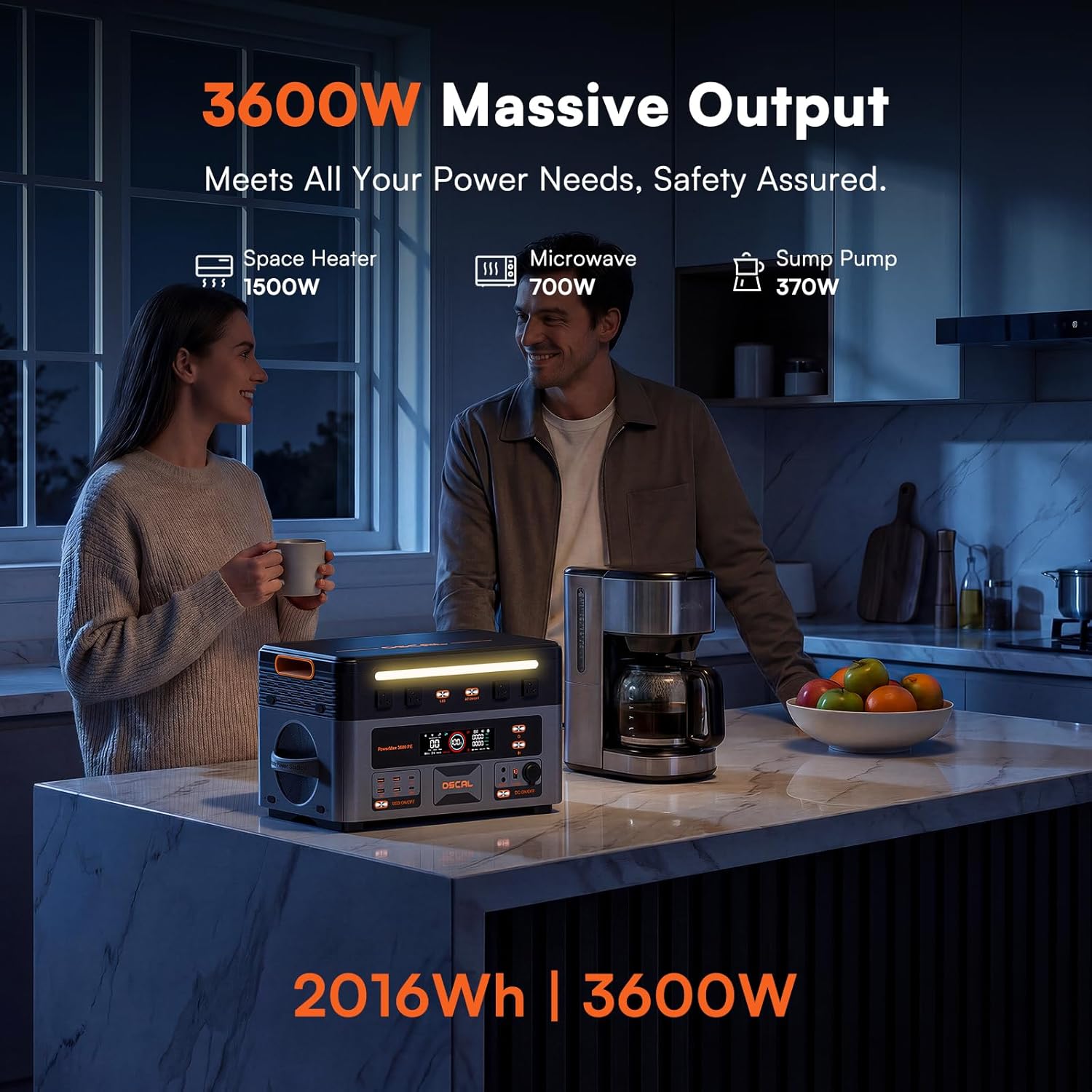 OSCAL 3600W Portable Power Station PowerMax 3600PE with 500W Solar Panel  2016Wh Solar Generator  1500W AC Charging  LiFePO4 Battery Power Station for Home Use  Camping  RV  Emergency