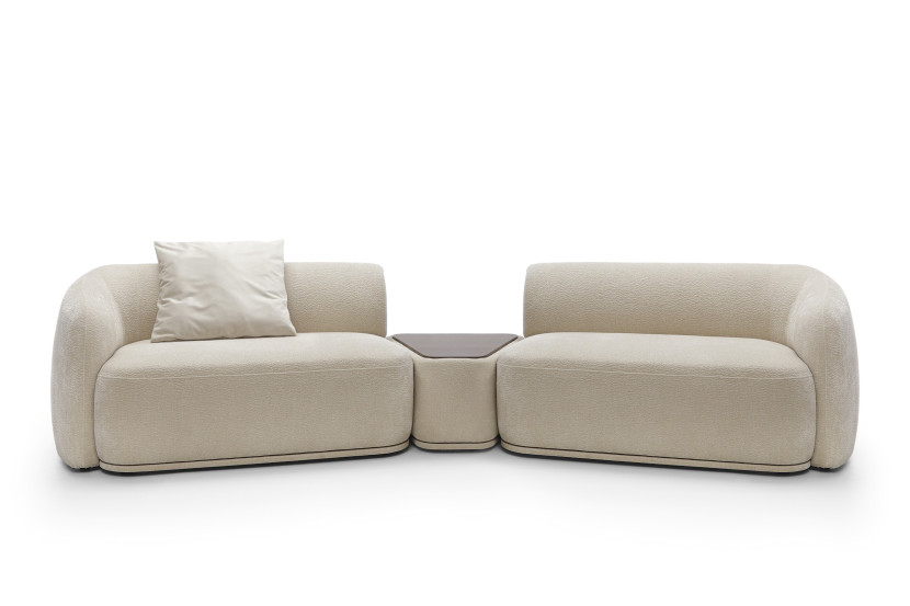 Modułowa sofa   trójkątna pufa z blatem beżowa NOBIS z zaokrąglonymi bokami