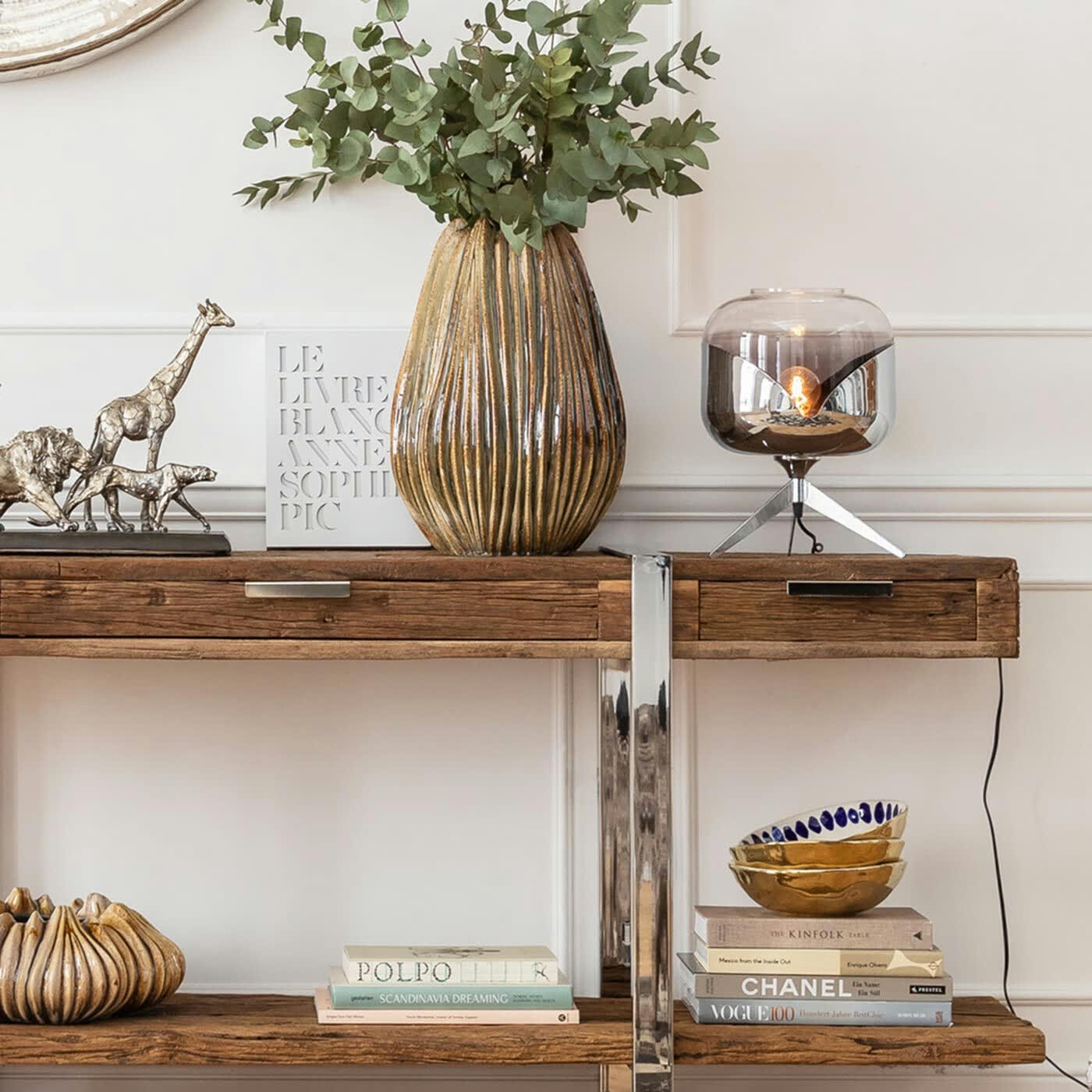 GOBLET BALL - Lampe en acier chromé et abat-jour en verre