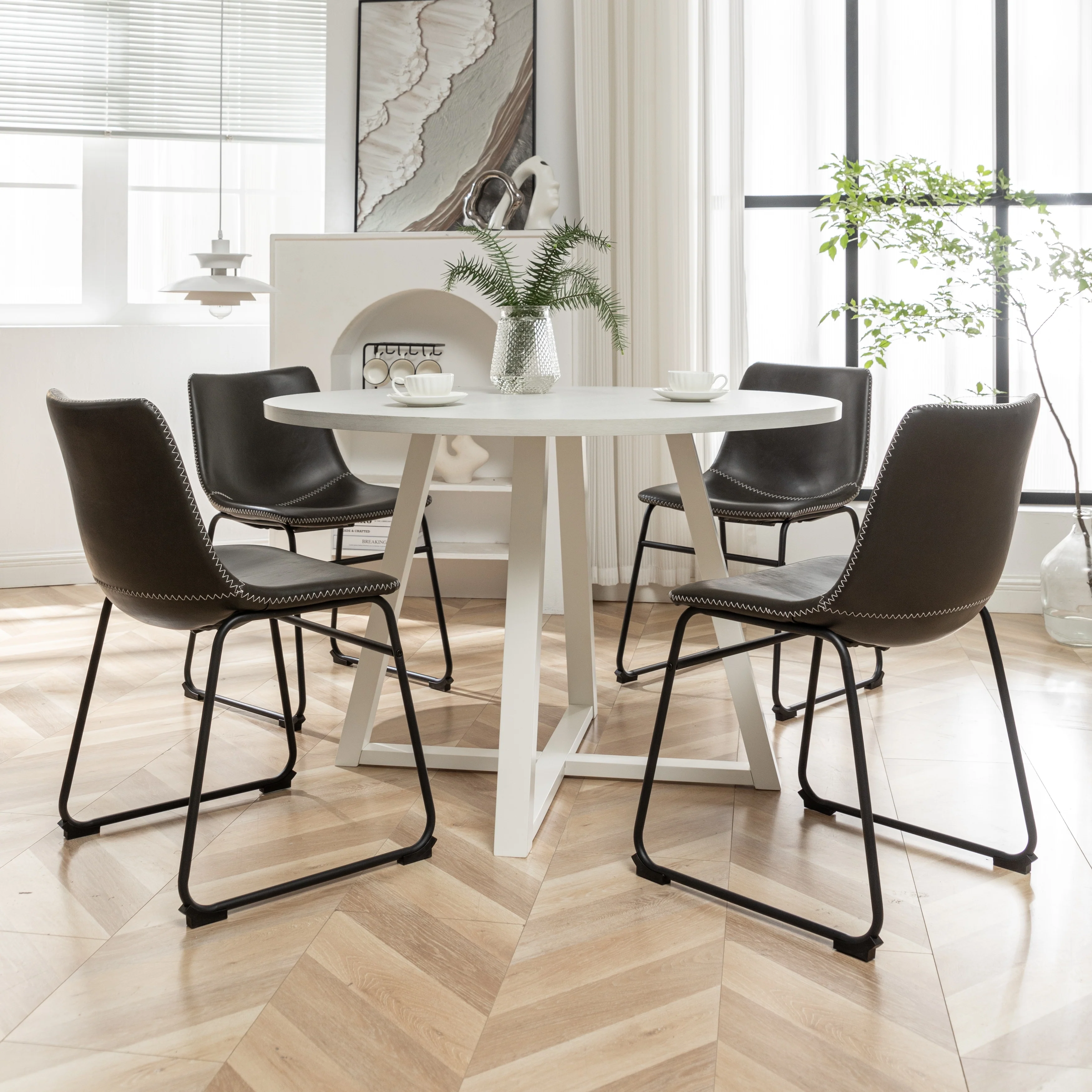 Roundhill Furniture Varna 5-Piece Round Dining Set, Trestle Dining Table with 4 Chairs