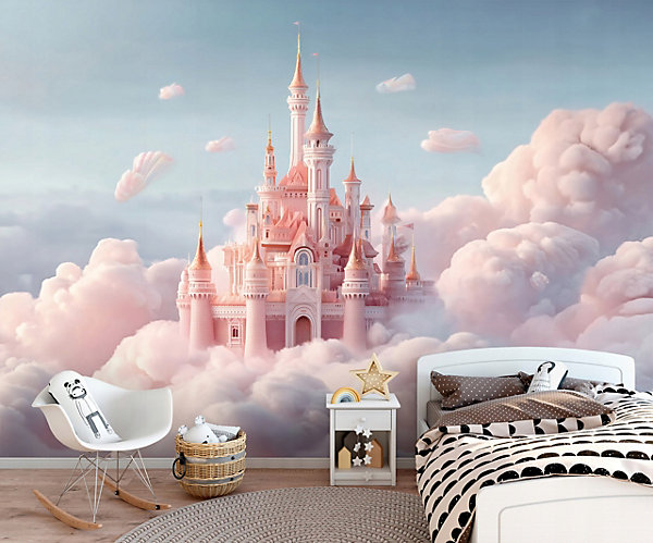Papier Peint PanoramiqueFille Château Rose - 350x250 cm - Papier Peint Enfant