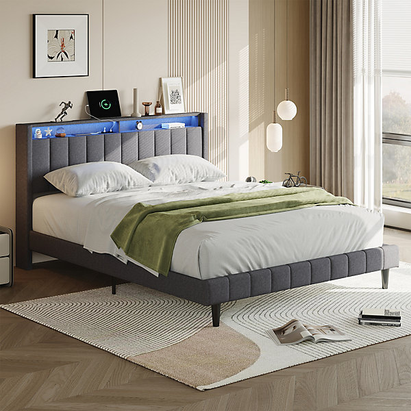 Lit Double Rembourré 160x200cm, Cadre de lit avec LED et Prise USB, sommier à Lattes, Gris