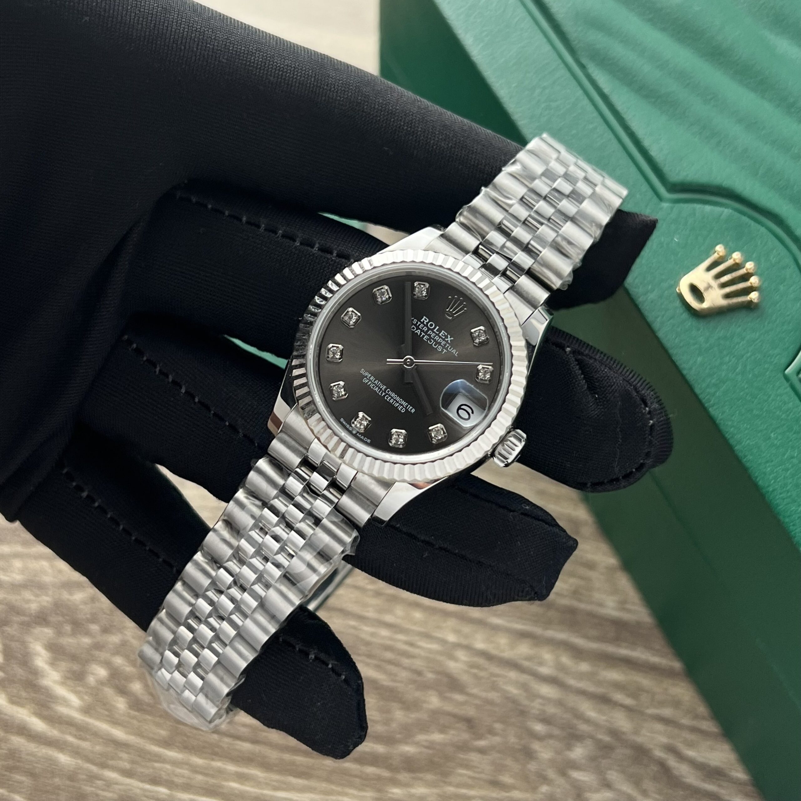 Rolex Datejust 316L Steel Black Dial CZ Diamonds 31mm Jub AAA Replica