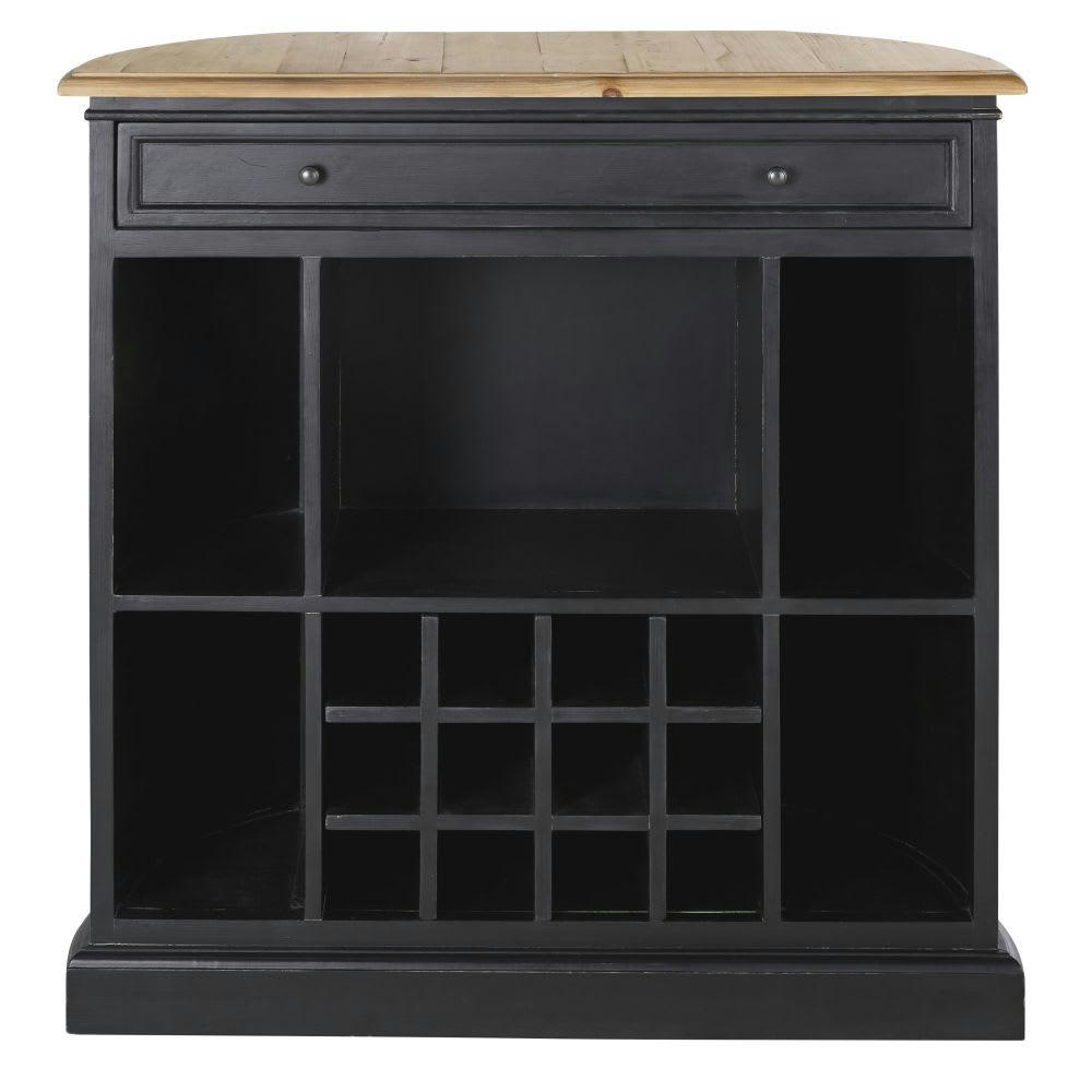 Provence - Bar en bois noir et plateau beige, 2 tiroirs 3 étagères et rangement bouteilles