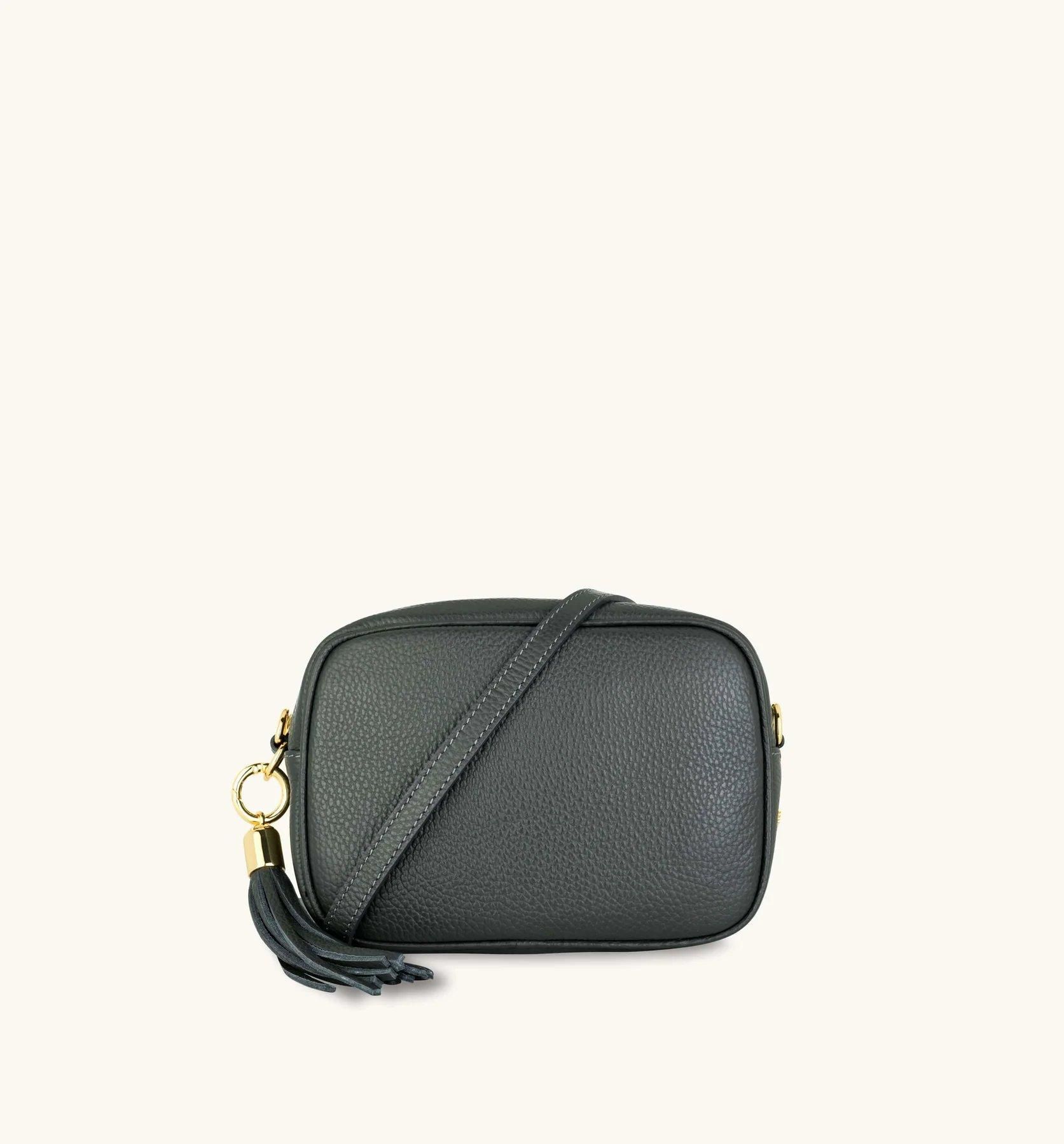 Apatchy London Dark Grey Leather Crossbody Bag With Midnight Zigzag Strap