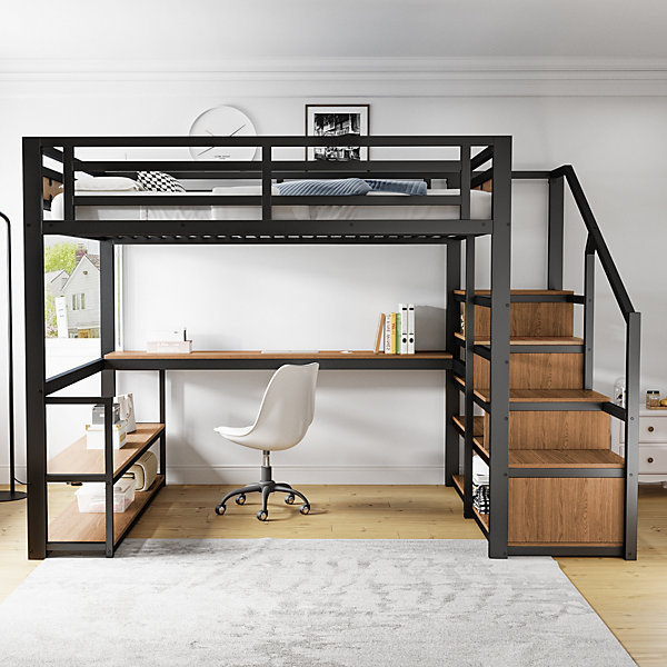 Lit mezzanine double 140x200 cm en métal avec bureau et étagères intégrés - gain de place pour chambre ado - noir