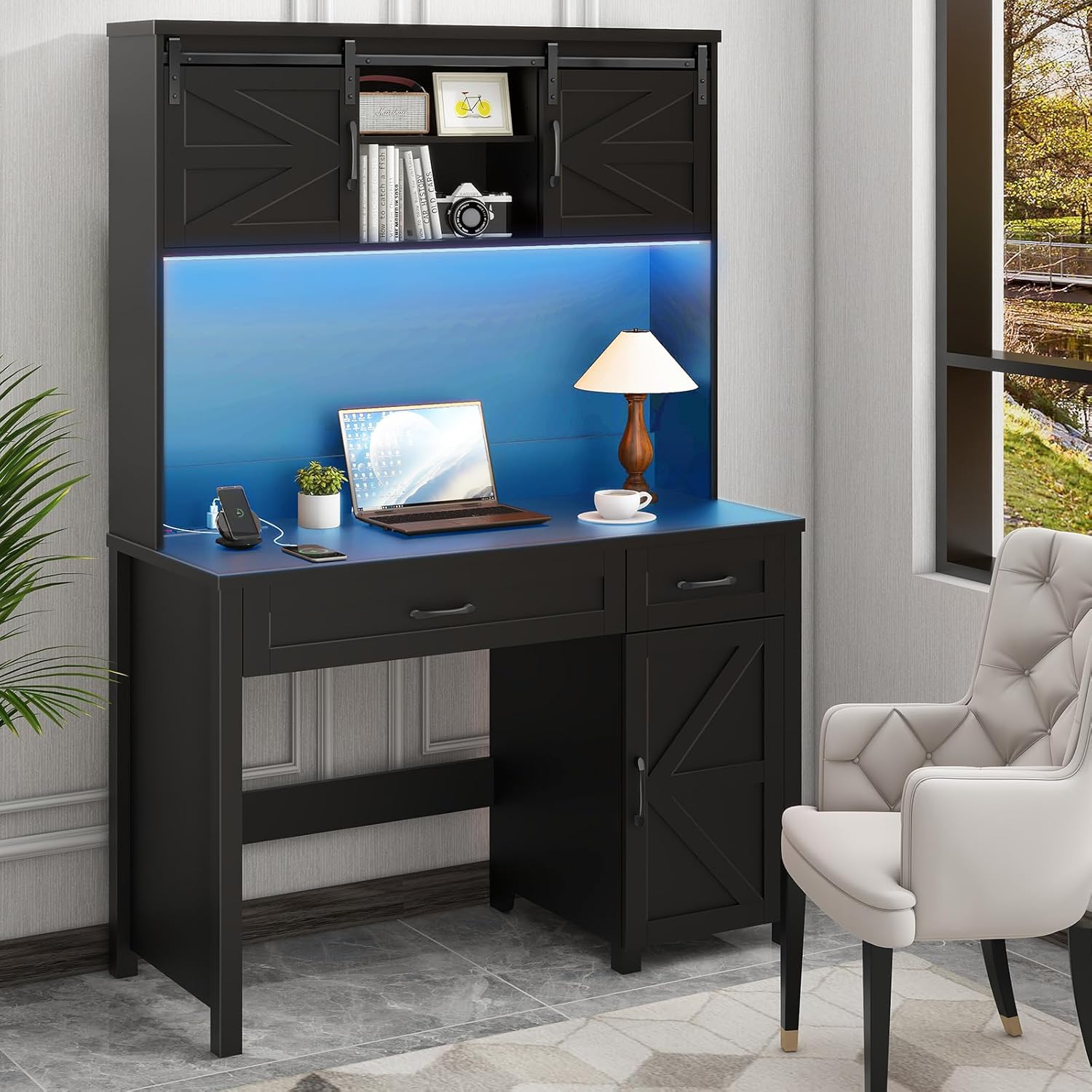 Vabches Farmhouse 47 Executive Desk, Computer Desk with 2 Drawers, Storage Cabinet and LED Light,Charging Hub, Home Office Desk with Hutch, Workstation for Home Office and Study(Pure Black