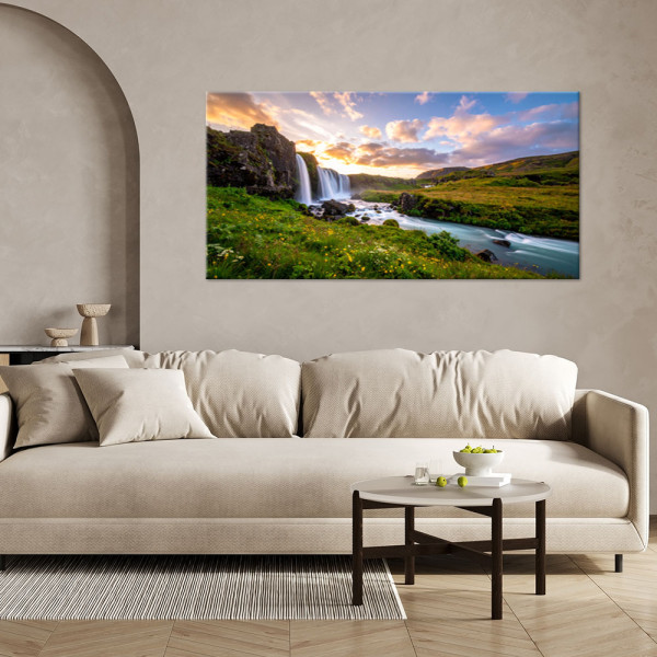 Obraz do salonu sypialni jadalni, Widok łąka wodospad natura 80x40