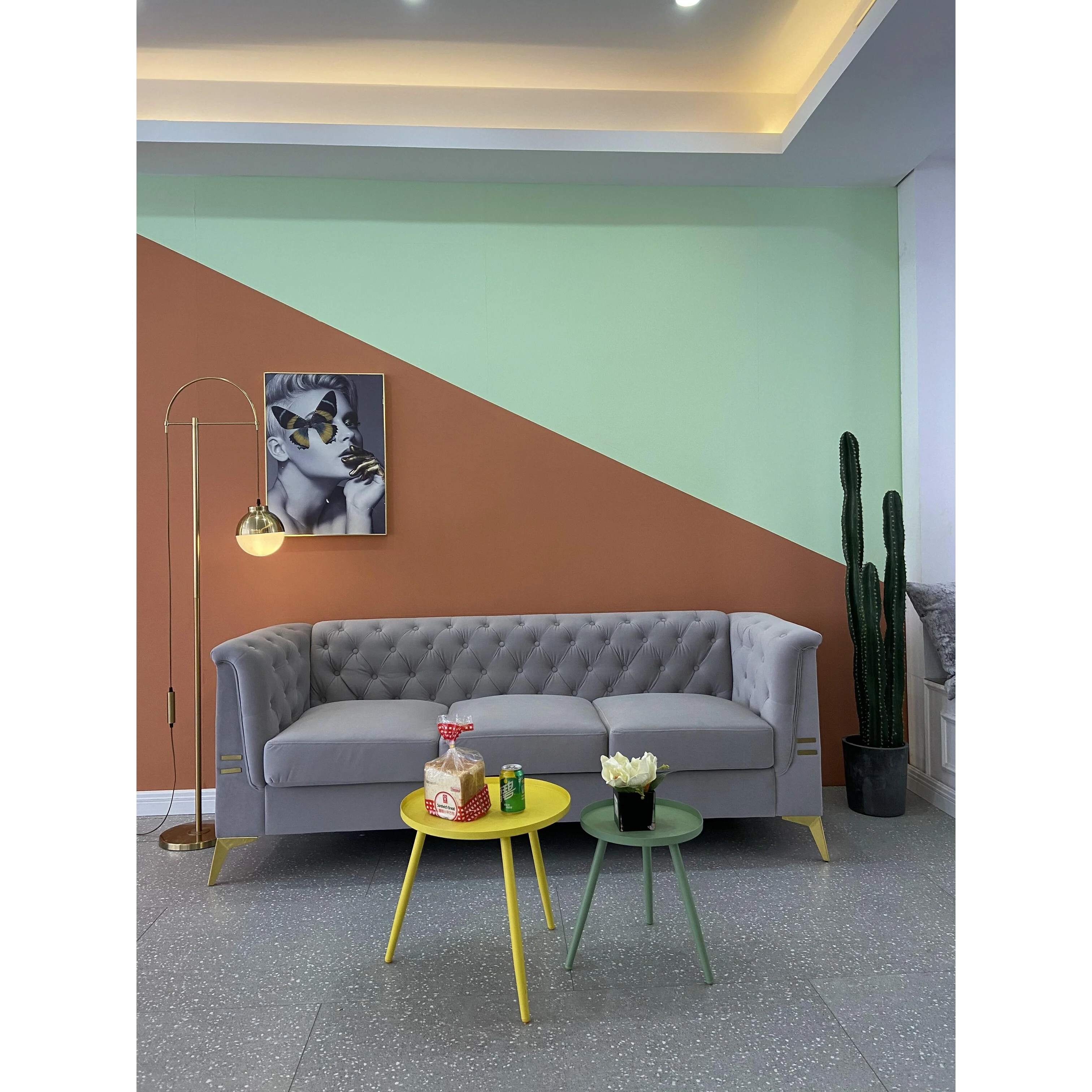 Grey 82'' Velvet 3-Seater Chesterfield Sofa with Gold Metal Legs, High Rebound Sponge, and Removable Cushions