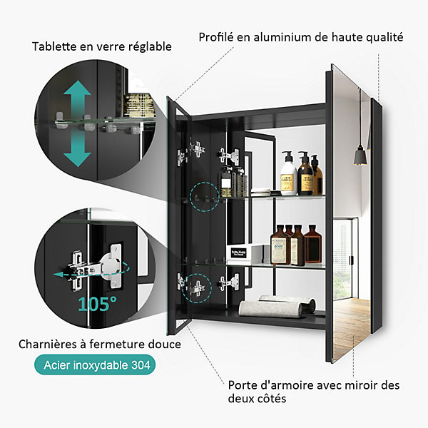 EMKE Armoire de toilette murale - Miroir double face, noir mat - 60 x 65 cm - Fermeture douce - Tablettes en verre réglables