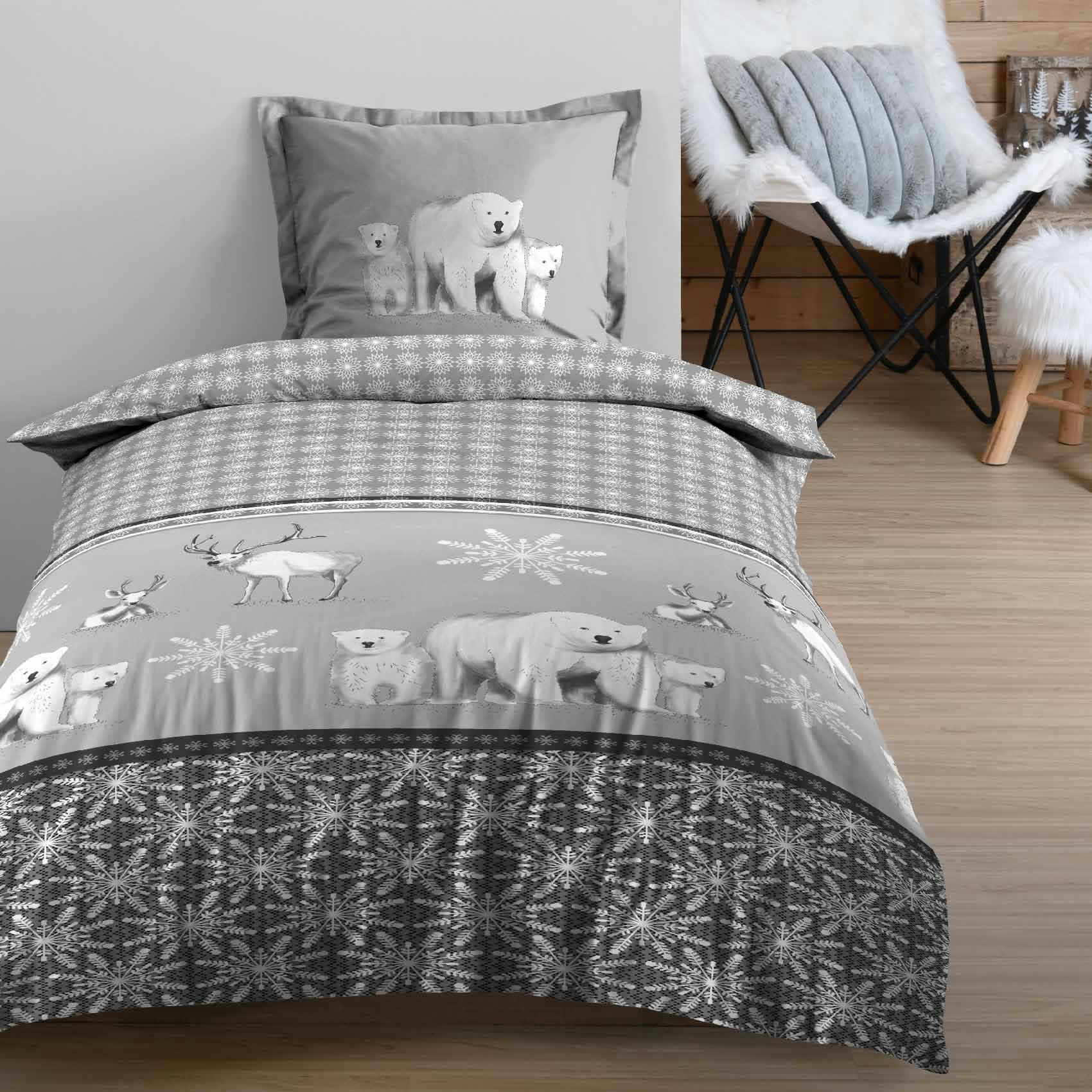- Parure de lit ours à la montagne coton gris clair 140x200 cm