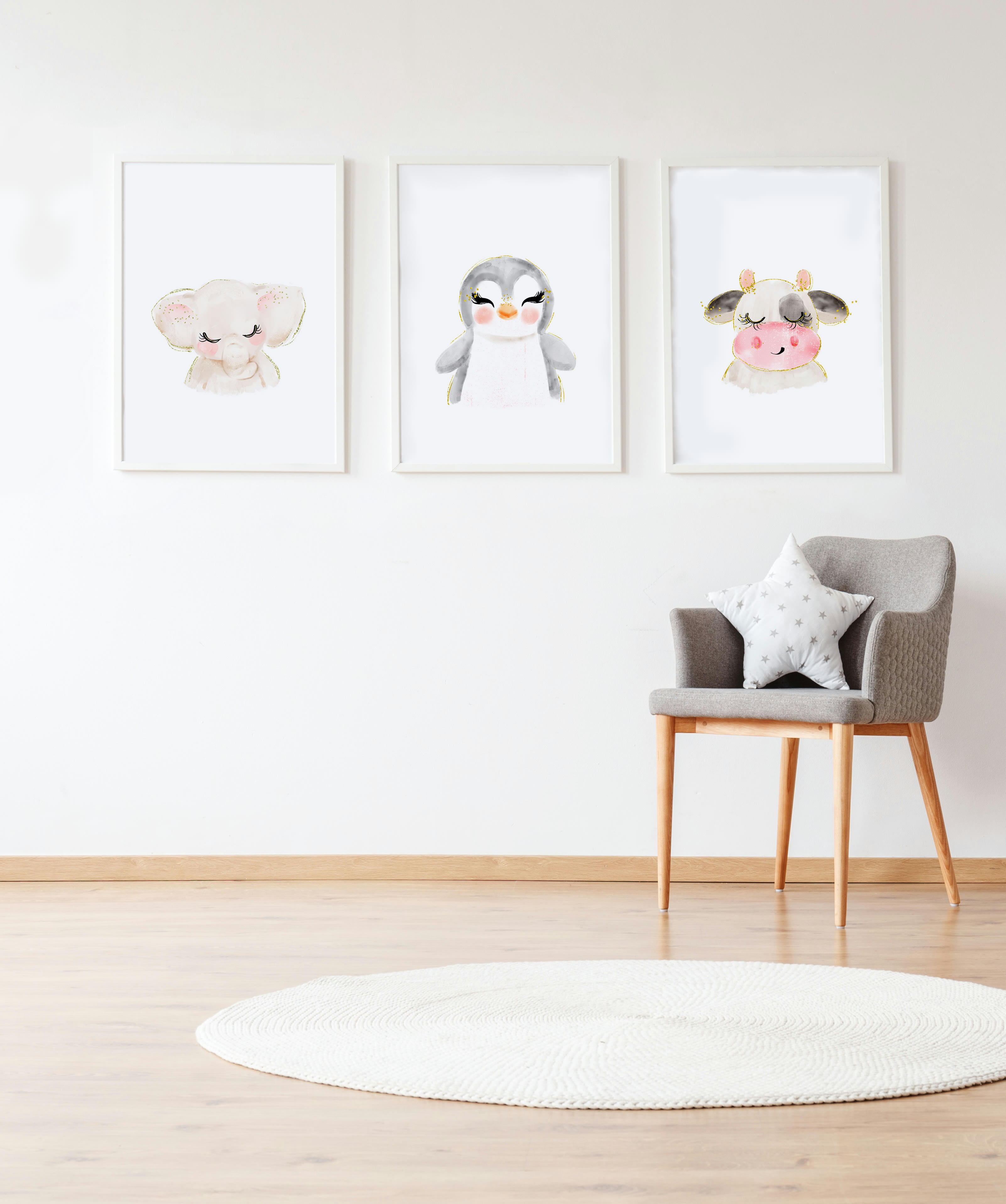 DECOWALL - Pack encadré bois blanc impression le éléphant et vache 43X33 cm