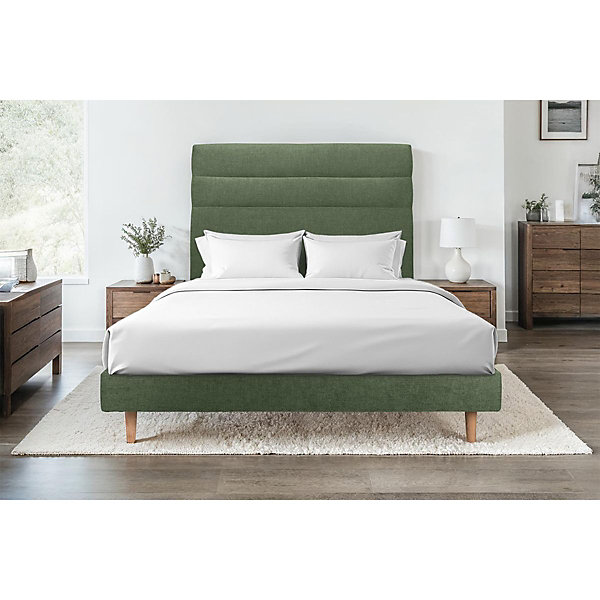 Lit avec tête de lit lignes tissu et sommier kit- Lit en bois massif