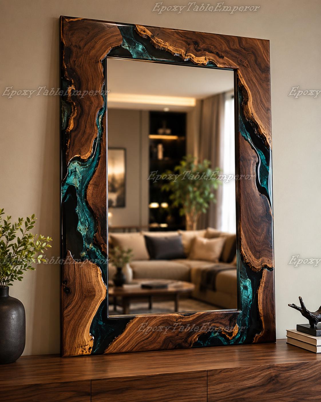 Live Edge Walnut Mirror, Teal River Epoxy Resin Frame, Large Rustic Wall Art