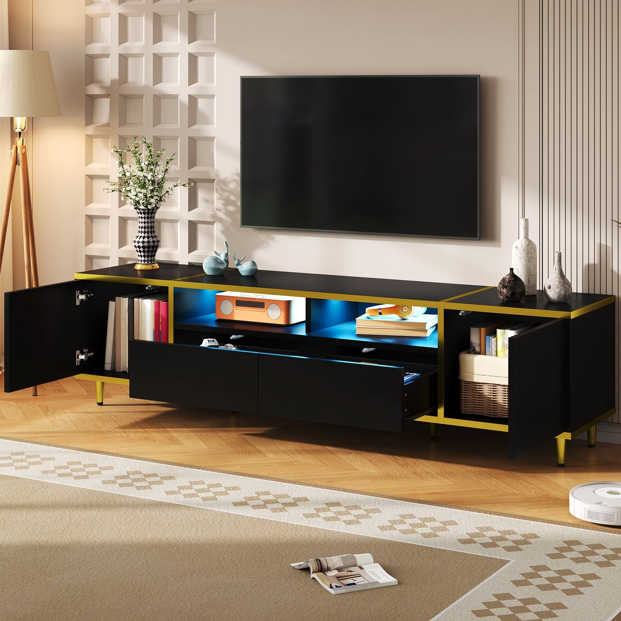 70.9'' Modern TV Stand for TVs up to 80 Inches, Entertainment Center with 2 Shelves, TV Storage Cabinet with 2 Drawers