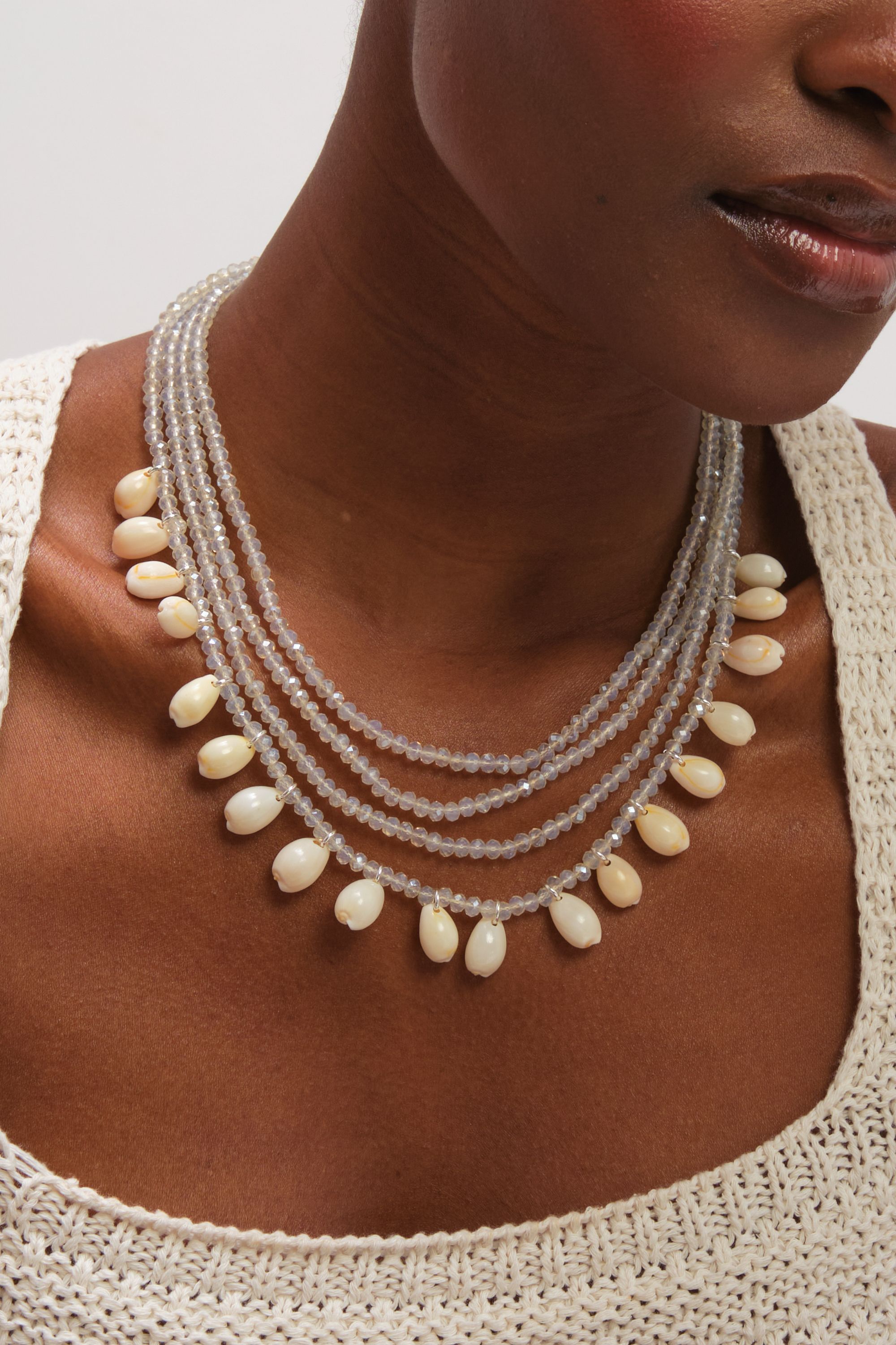 Mood Silver Plated Shell and Bead Multirow Necklace