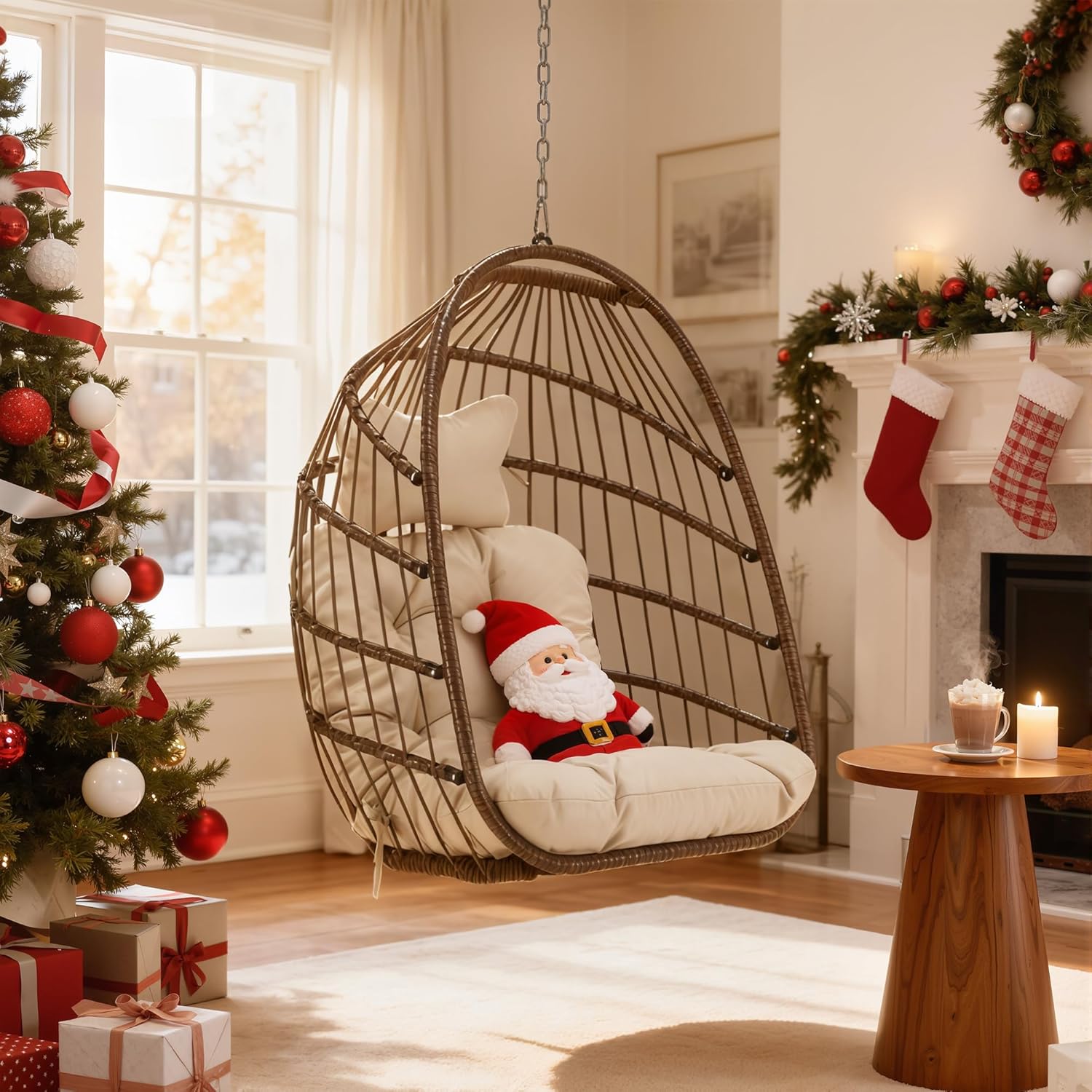 RADIATA Outdoor Hanging Egg Chair Without Stand, Foldable Wicker Rattan Ceiling Swing Chair with Padded Cushion, 350Lbs Heavy-Duty Egg Shell Hammocks for Tree Patio Balcony Garden Indoor, Brown