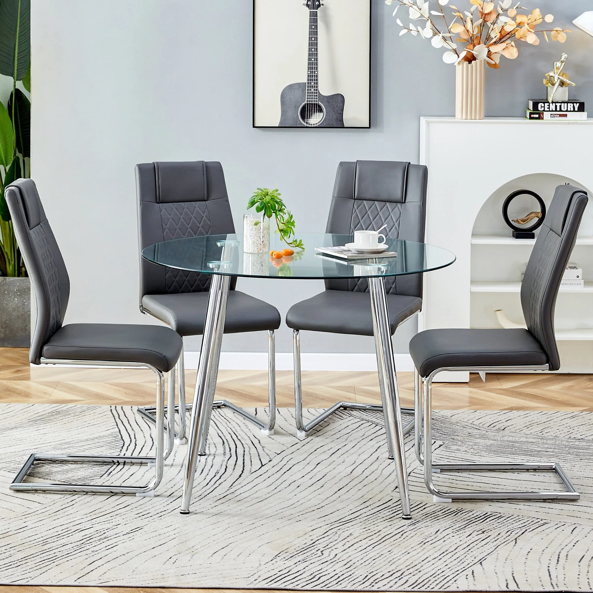 Modern Style 5-Piece Dining Set with Round Transparent Tempered Glass Table and 4 Silver C-Tube Dining Chairs