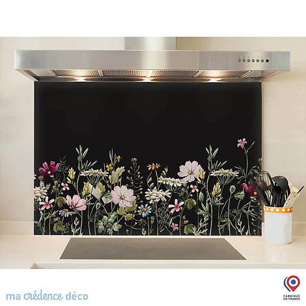 Crédence cuisine fond de hotte Dessin fleurs et aquarelle 1 - Verre trempé - L 60 cm x H 45 cm - MaCrédenceDéco