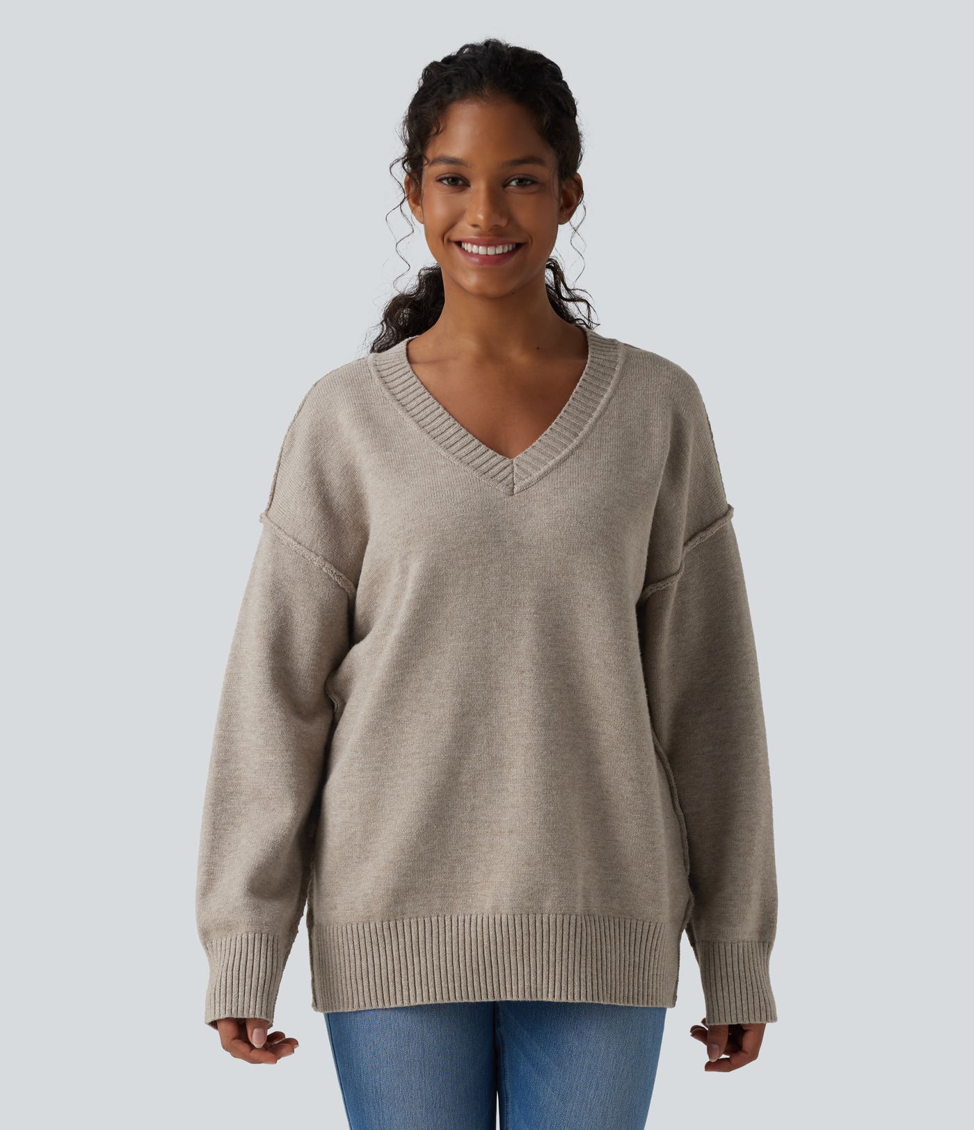 Pull décontracté col V à manches longues et épaules tombantes