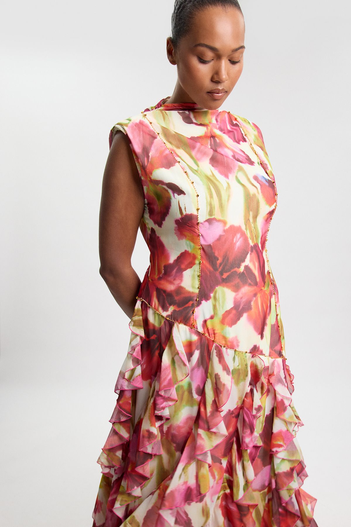 KarenMillen Plus Size Crinkle Floral Print Beaded High Neck Maxi Dress