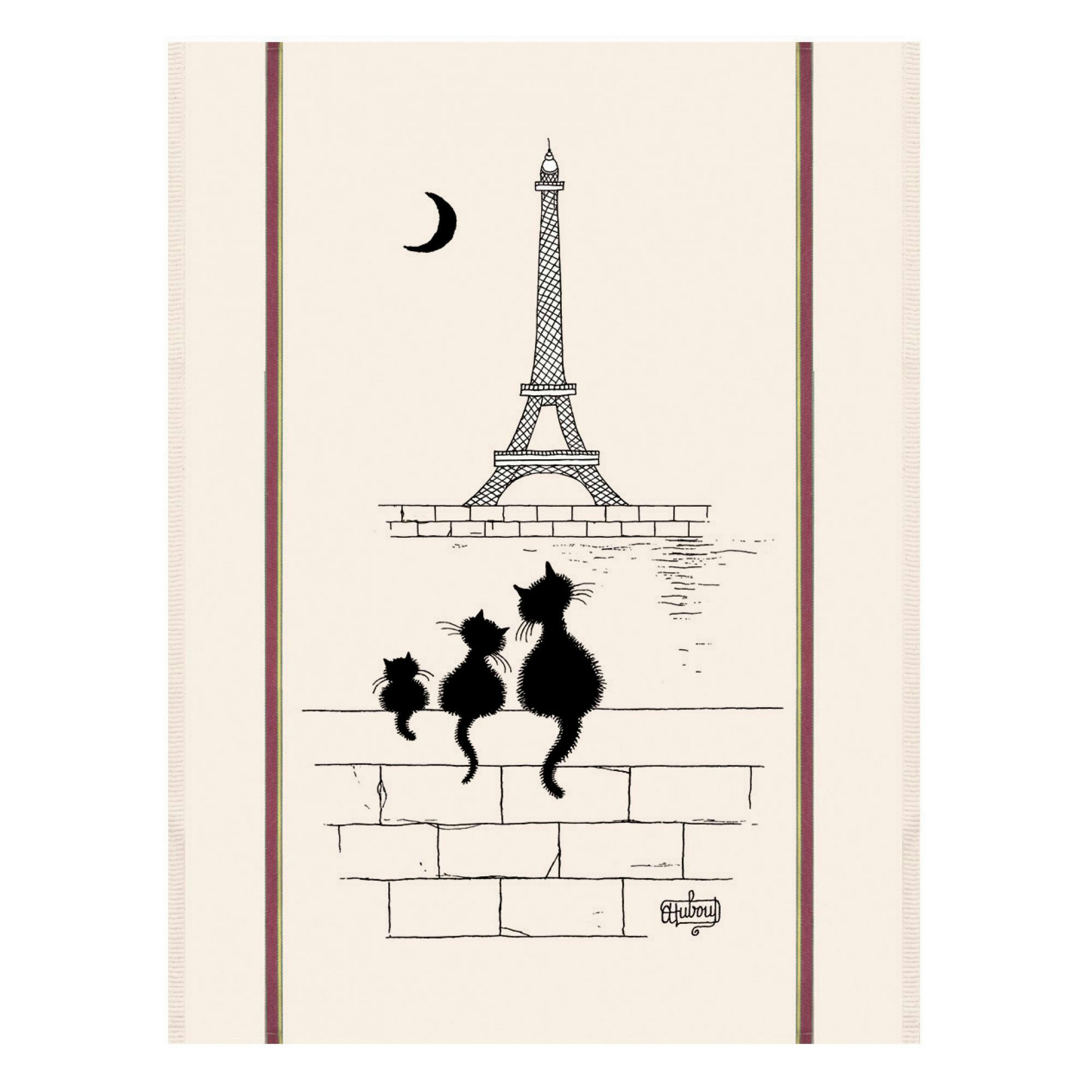 DUBOUT - Grand torchon  chats tour eiffel en coton ecru 60 x 80