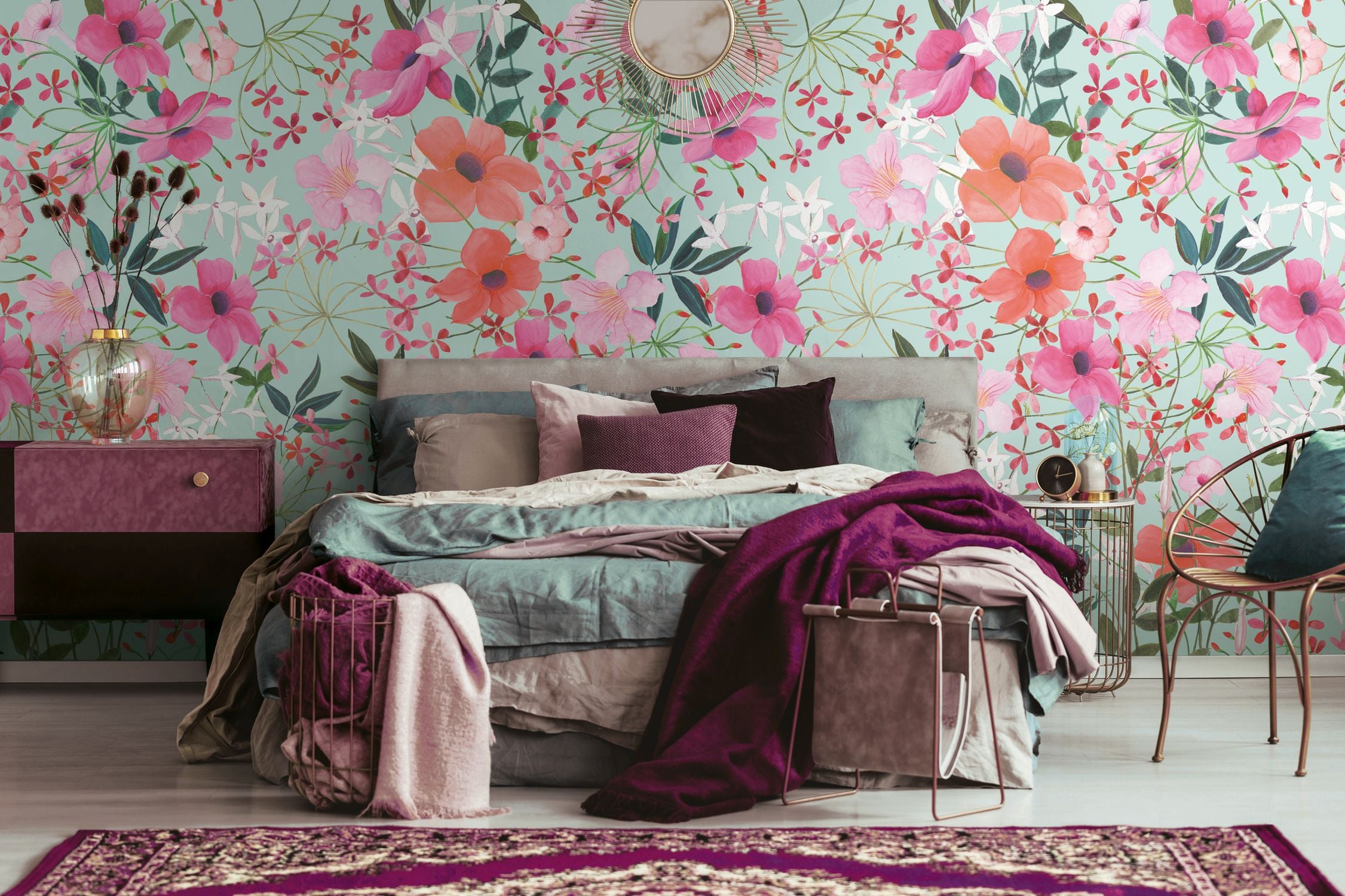 Livingwalls behang bloemen meerkleurig, turquoise, groen, roze en oranje - 159 x 280 cm - AS-391951