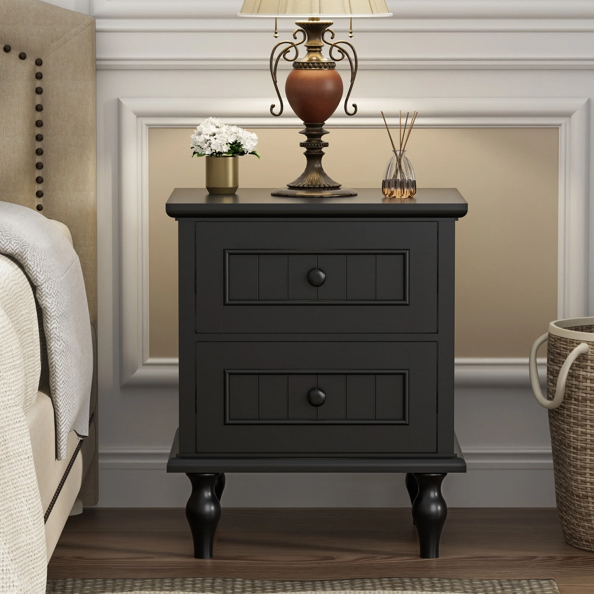 Retro Nightstand with 2 Drawers for Bedroom