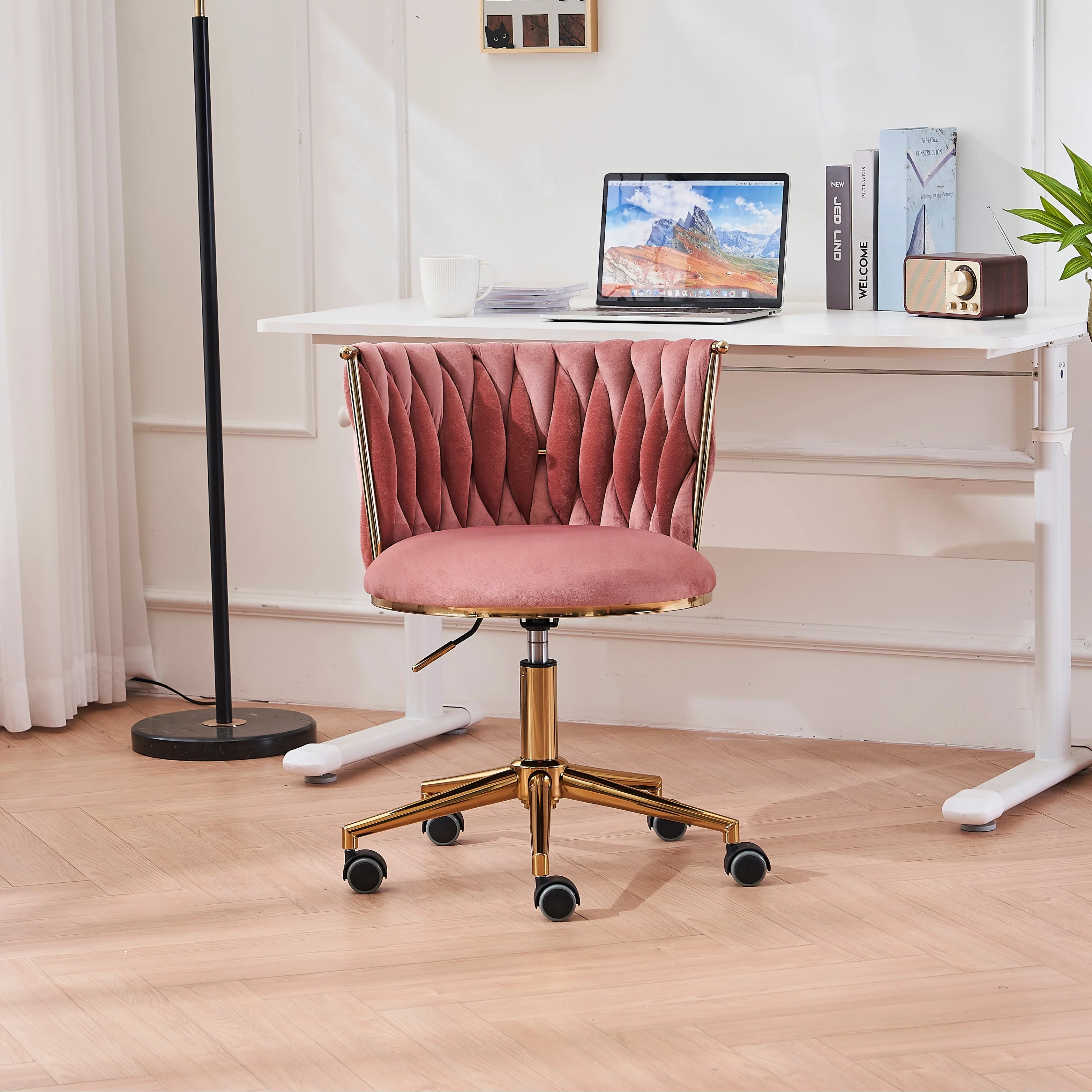 Upholstered Home Office Desk Chairs with Adjustable Swivel Wheels, Ergonomic