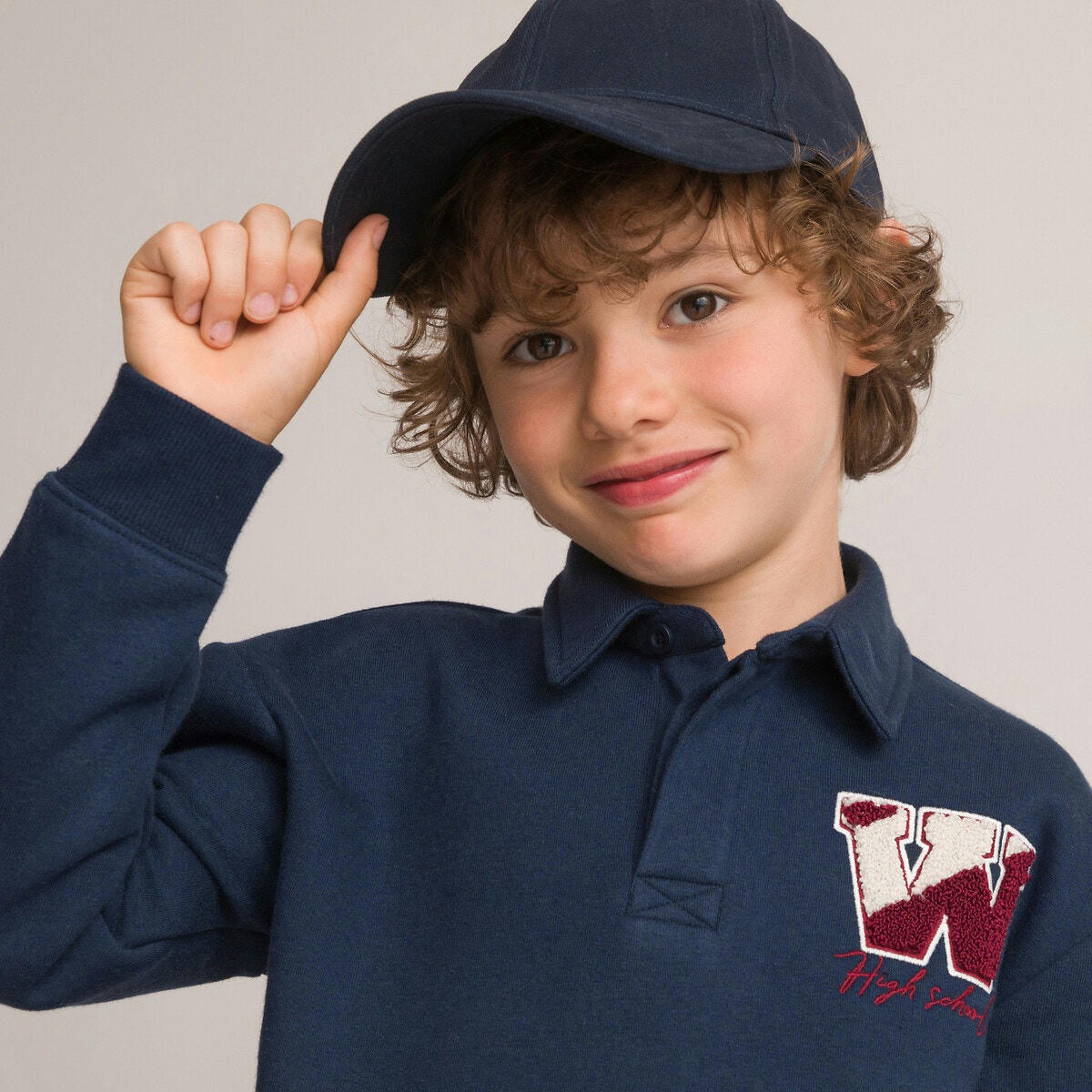 Sweat col polo en molleton, motif bouclette