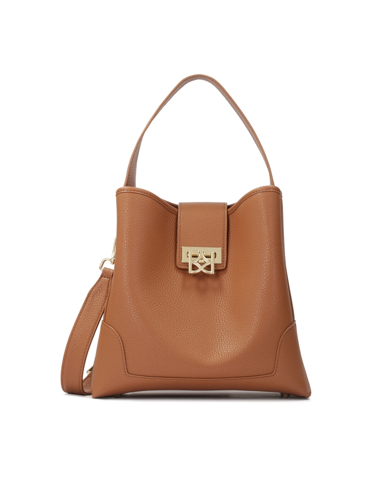Brown handbag with hand grip and shoulder strap