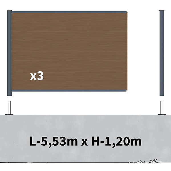 Kit Clôture Composite sur Muret RIO Bronze 5,5x1,2m - Bois composite &Aluminium - Poteaux sur Platines Gris - Brise vue
