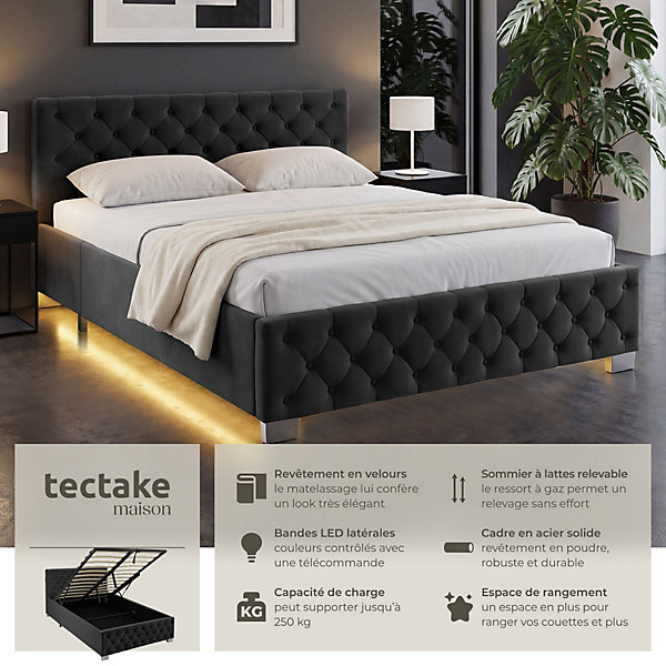 Lit capitonné avec bandes LED et espace de rangement 120x200 noir