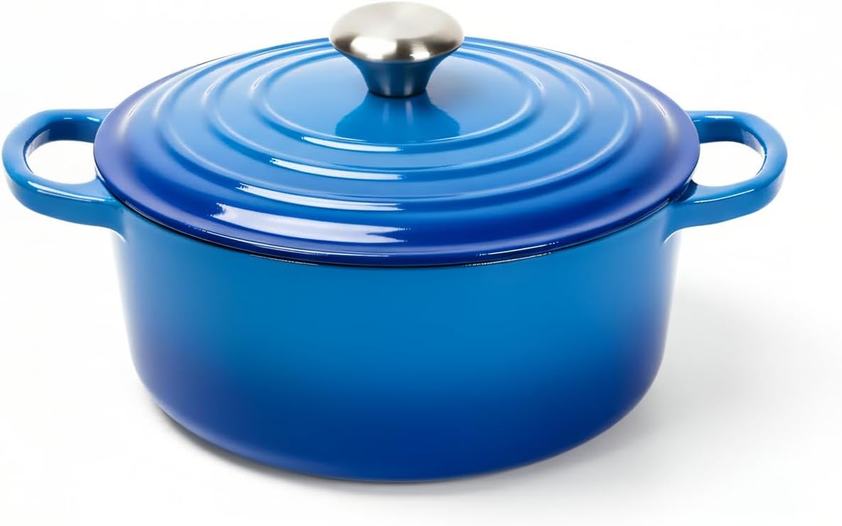 Cast Iron Dutch Oven Pot with Lid – Deep Cooking Pot for Bread, Stews, Casseroles – Oven Safe Cookware, Kitchen Essential & Wedding Gift – Compatible with All Heat Sources (Blue)