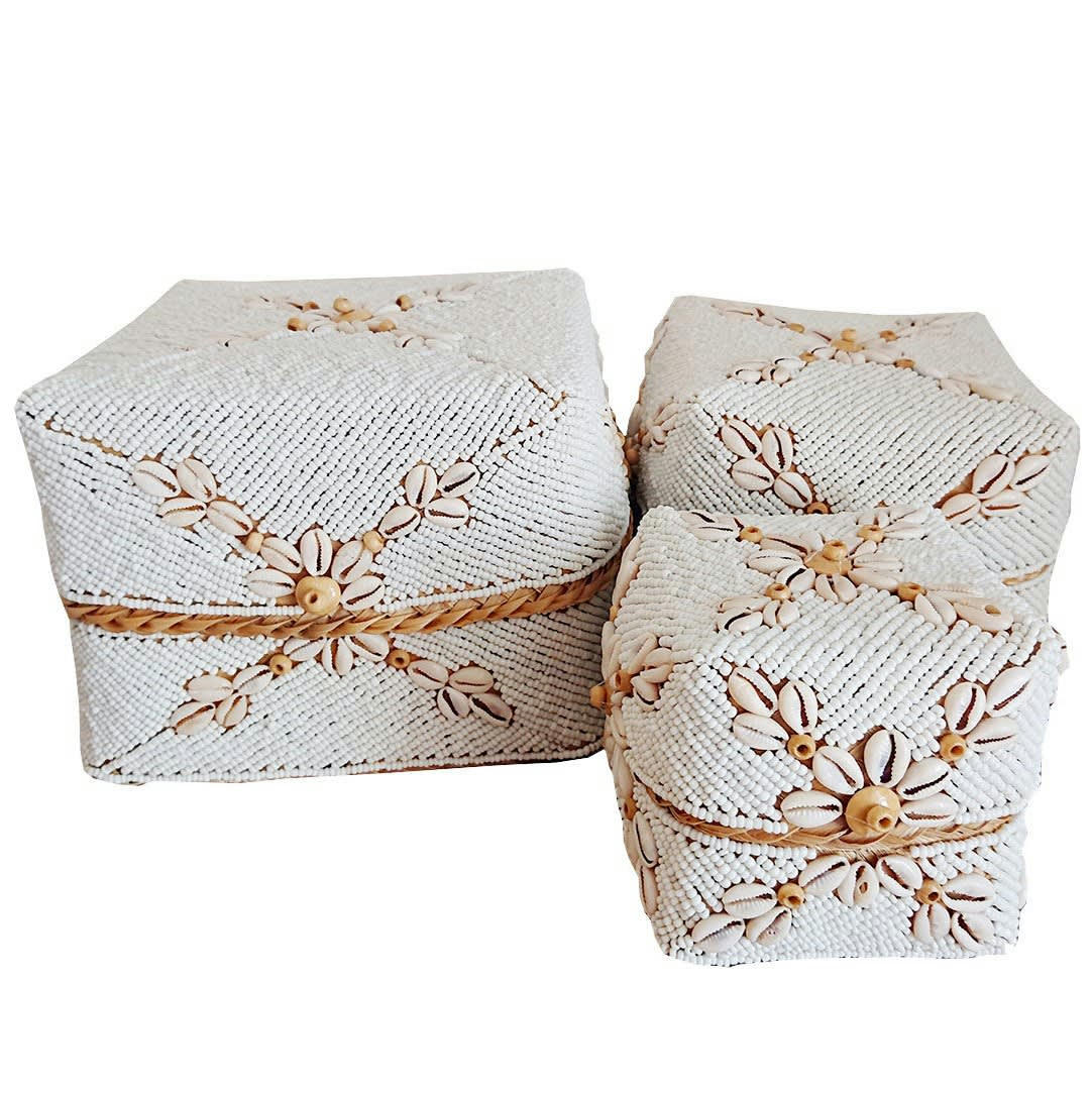 PERLA - Boîtes en bambou, perles et coquillages, blanc - Lot de 3