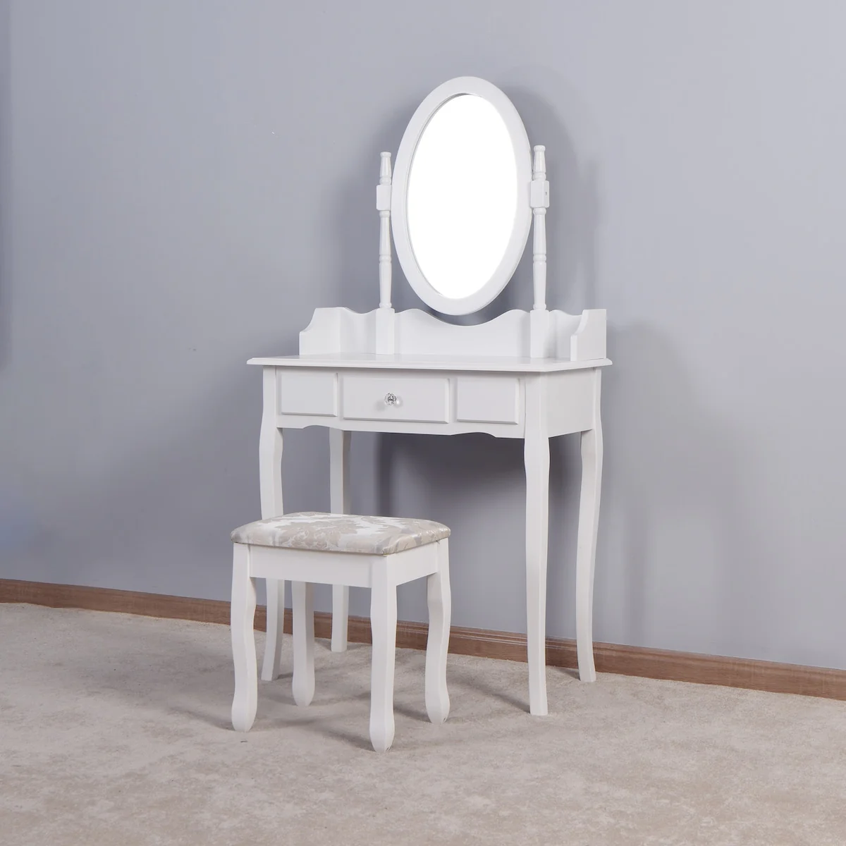 Vanity Table Set with Rotatable Oval Mirror and Cushioned Stool