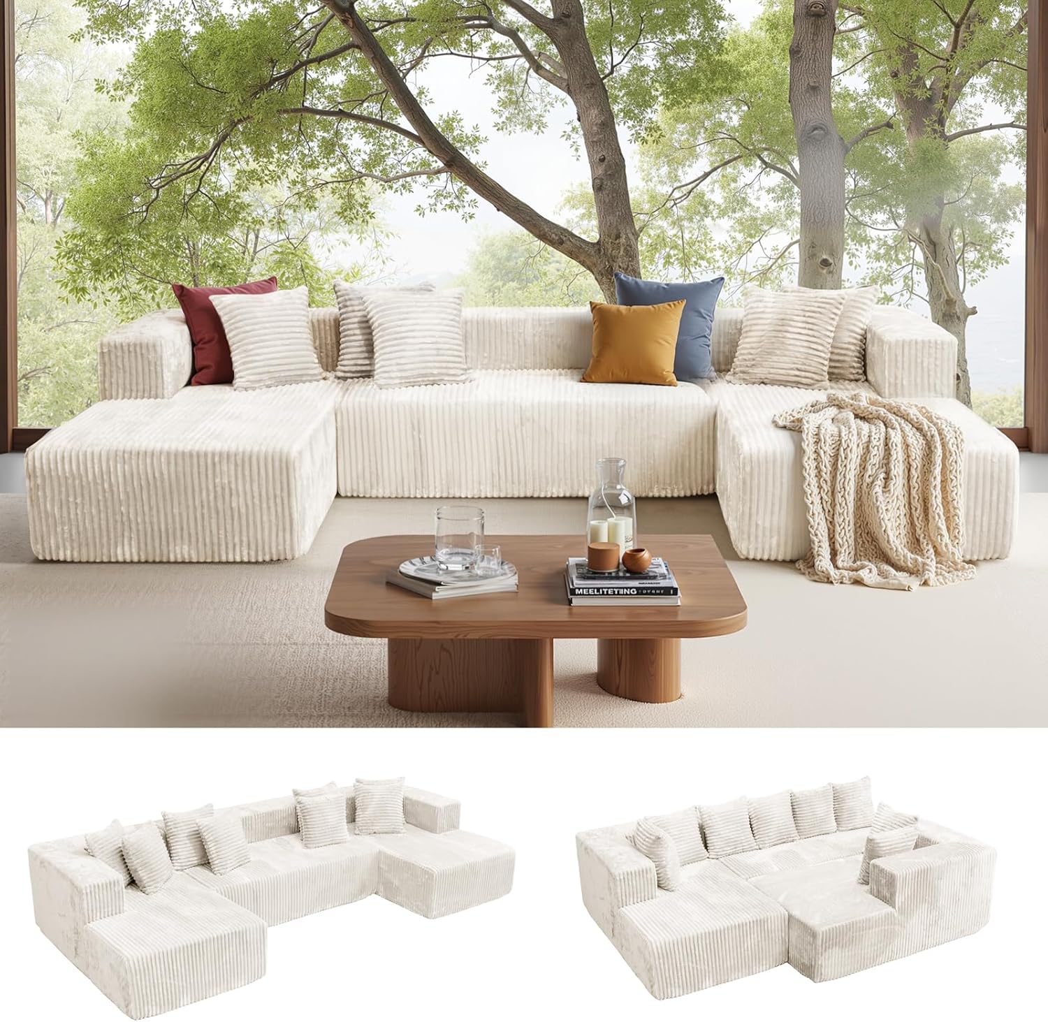 132'' U Shaped Sectional Couches for Living Room, Beige Modular Boneless Cloud Sofa with 2 Chaise Lounges, 4-in-1 Flexible Combination Layered Foam Cushion Deep Seat Corner Couch, No Assembly