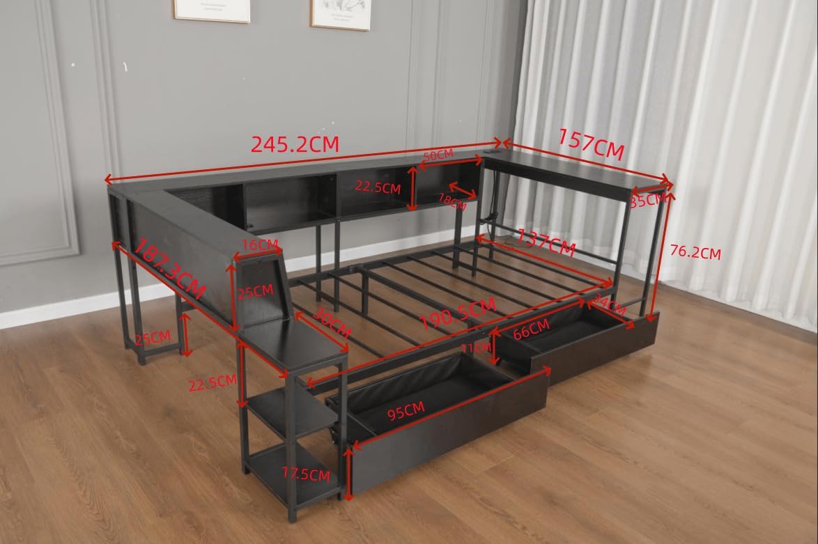 SOFTSEA Twin Size Corner Bed with Desk, Storage Drawers, Bookcase and LED Lights, Metal Daybed with Desk, USB Ports & LED Light for Kids, Teens & Adults, Metal Slats Support, Black